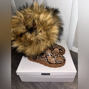 Tan Snake Print Faux Fur Winter Boots